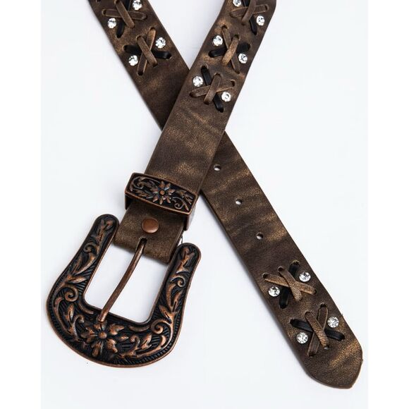 Nomad Western Leather Criss Cross Studded Belt Floral Buckle Brown Medium NEW main image 4